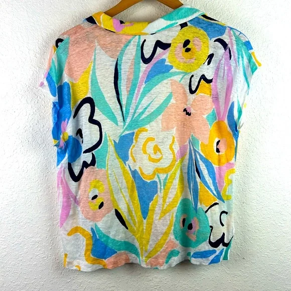 Perfect Rachel Zoe Colorful Floral V-neck Linen Short Sleeve Blouse Women large - Picture 6 of 6